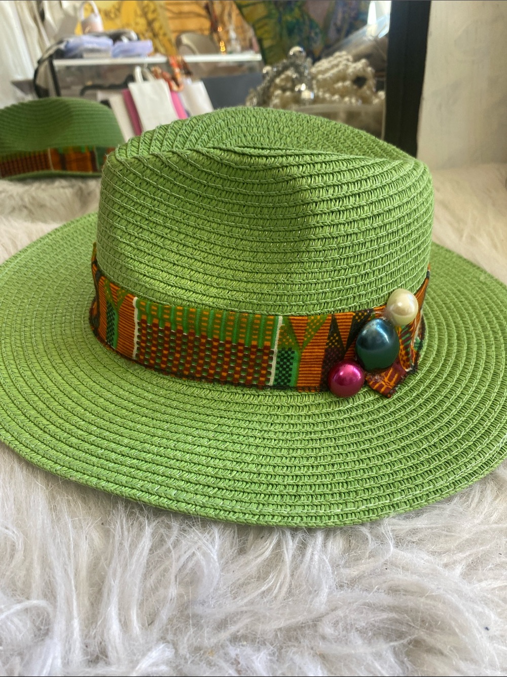 Green Straw Fedora Hat with Decorative Band